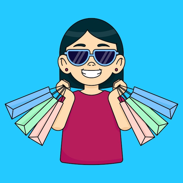 Smiling girl in sunglasses holding shopping bags Enjoys shopping