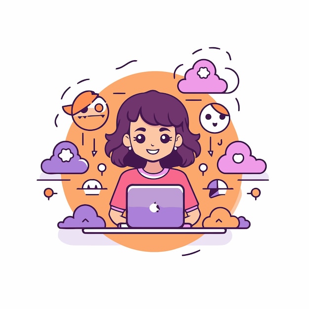 Smiling girl with laptop and cloud computing icons Vector illustration