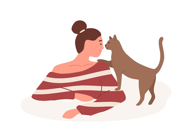 優しさで笑顔の女の子遊び心のある猫ベクトルフラットイラスト。優しさ、良さ、動物の世話の概念。白い背景で隔離の4本足のペットの友人と遊ぶ幸せな女性。