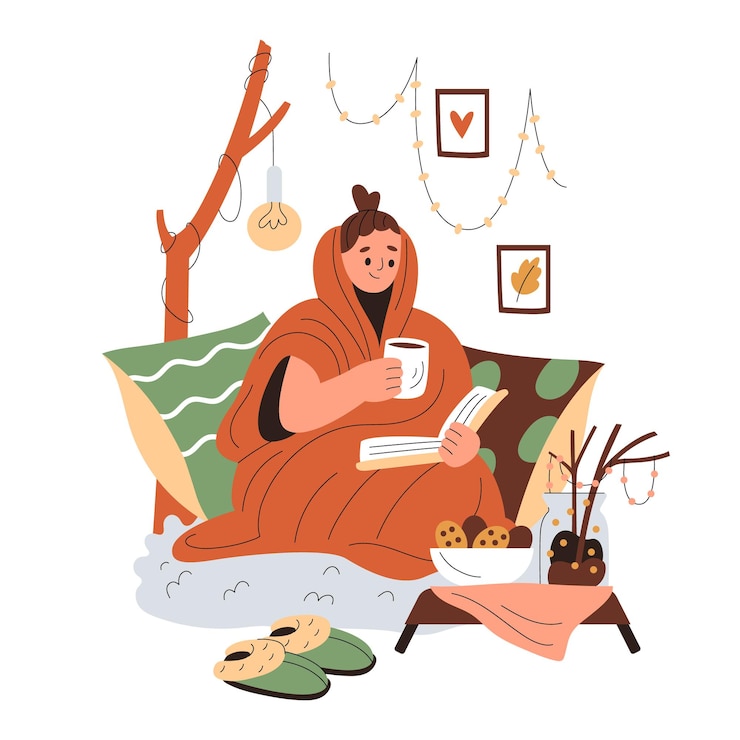 Vector smiling girl wrapped in a blanket sits in cushions and reads holding a cup of warm drink