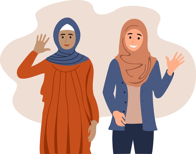 Vector smiling girls in hijabs. muslim women. cute flat arab girls in traditional dress and casual clothes. business women collection.