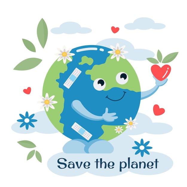 Vector a smiling globe with a heart in its hands the concept of energy saving and ecology