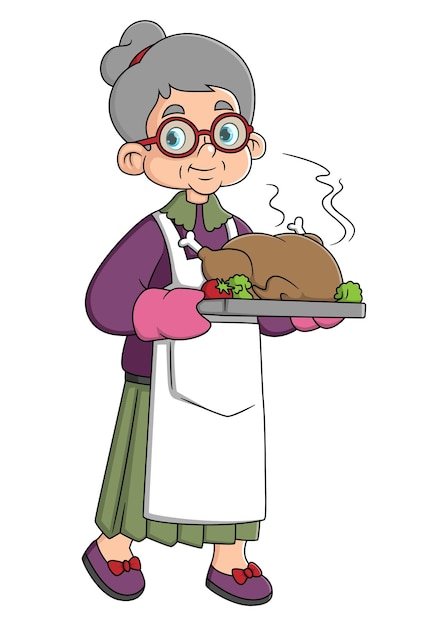 Vector smiling grandmother with thanksgiving turkey