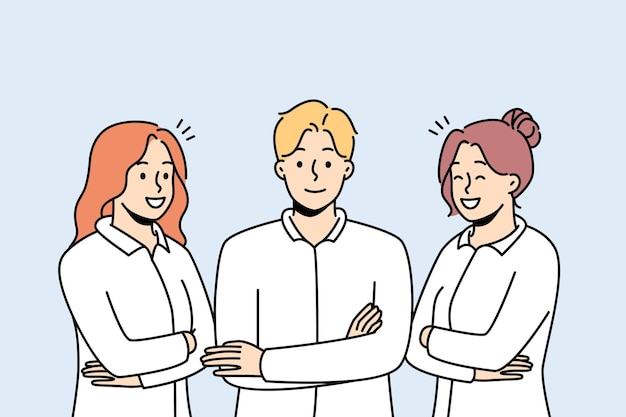 함께 포즈를 취하는 전문가의 웃는 그룹