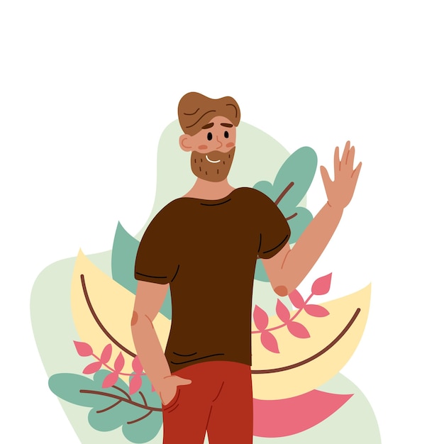 Vector smiling guy saying hello and waving with hand colored flat vector illustration