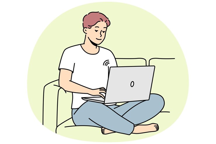 笑顔の男はソファに座って、ワイヤレス ネットワークを使用してラップトップで作業しています。幸せな若い男がソファでリラックスし、コンピューターでインターネットを参照します。ベクトル図