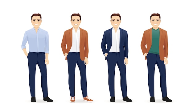 smiling hadsome business man in different style clothes standing set vector illustration isolated on