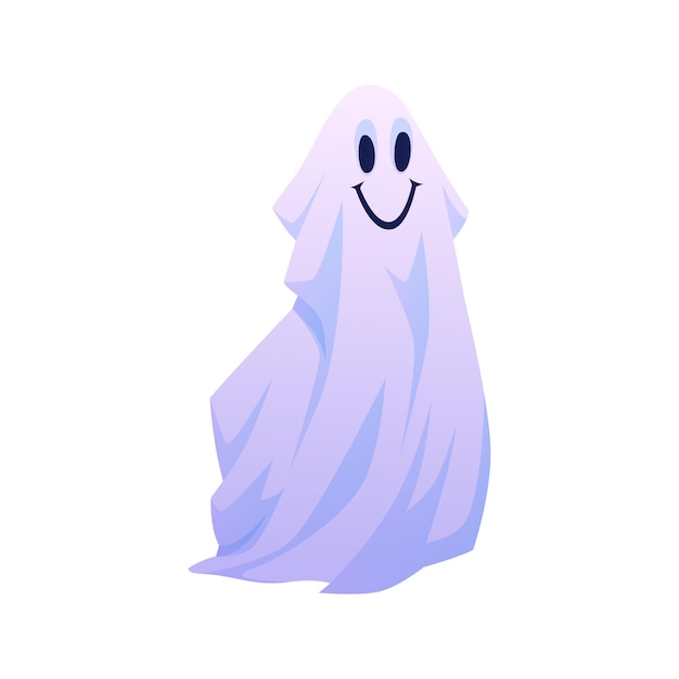 Улыбающийся призрак хэллоуина, плавающий призрак с позитивным и дружелюбным смайликом на лице