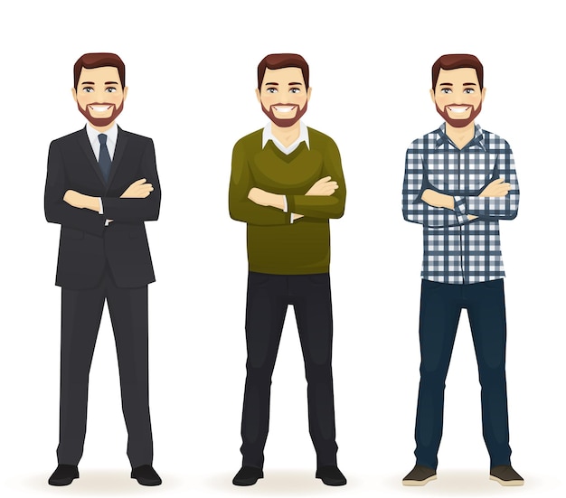 Smiling handsome man in different style clothes with arms crossed standing isolated vector