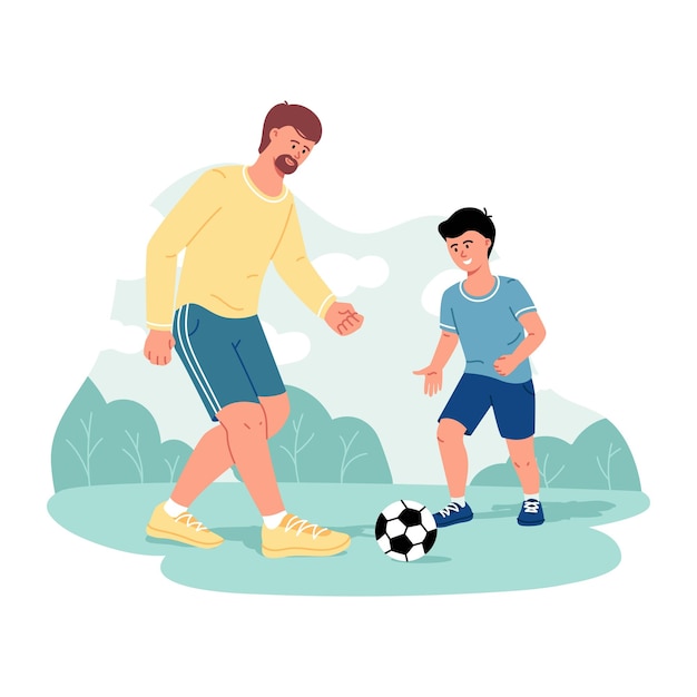웃고 있는 행복한 아버지와 아들이 축구공을 가지고 축구를 하며 즐겁게 놀고 있습니다