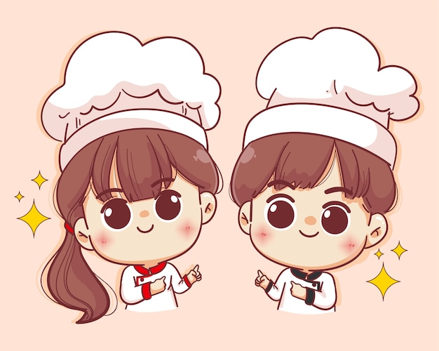 Smiling happy female chef and male chef. Woman chef and male chef is cooking. Hand drawn 