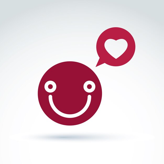 Smiling happy person in love, red speech bubble with loving heart symbol. conceptual loving heart sign.