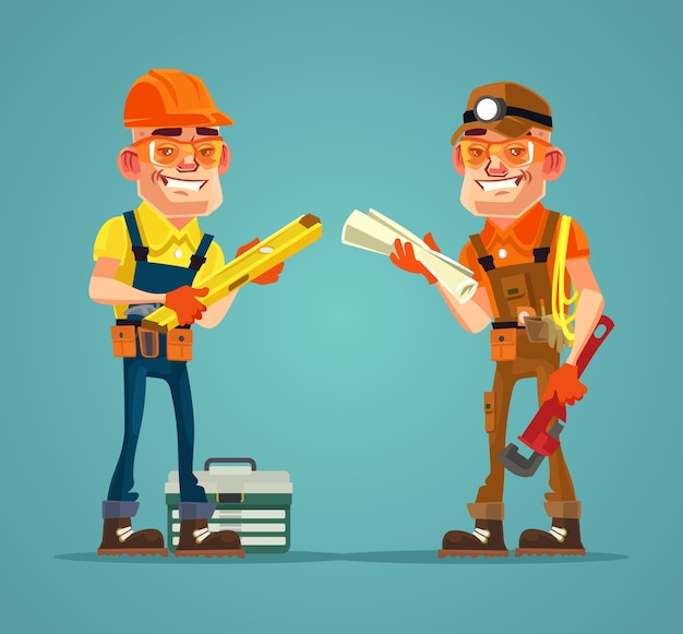 Vector smiling hard working builders character discuss construction plan