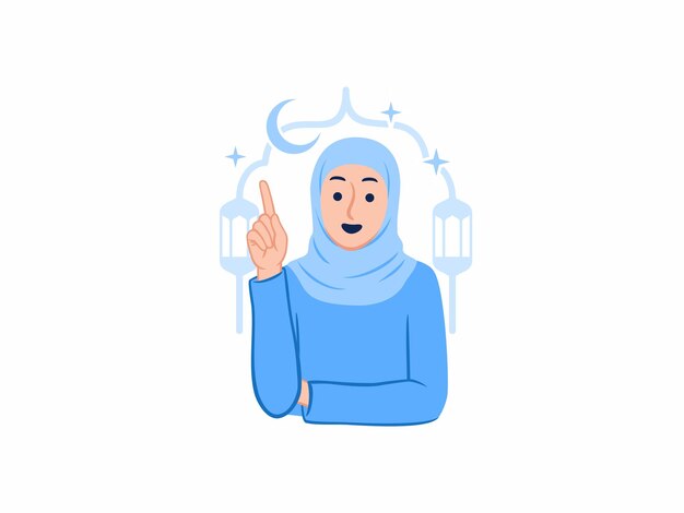 Smiling hijab muslim woman pointing finger Ramadan mubarak announcement