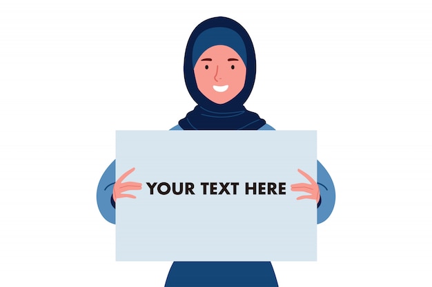 a smiling hijab or muslim women holding white blank board