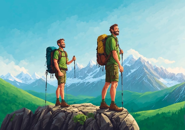 Vector smiling hiker man stands