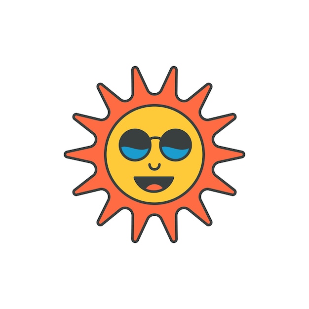 Улыбающееся оранжевое солнце хиппи с желтыми солнцезащитными очками в центре поп-арта векторная плоская иллюстрация
