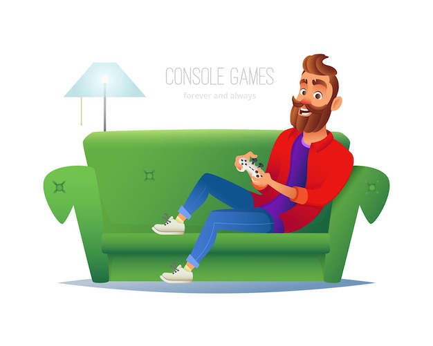 Smiling hipster man sits on sofa and playing video game console at home watches TV