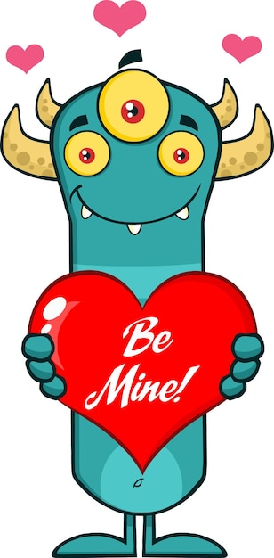 Smiling Horned Blue Monster Cartoon Character Holding A Be Mine Valentine Love Heart