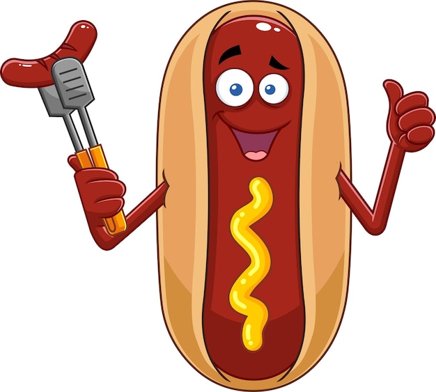 Вектор Улыбающийся персонаж мультфильма о хот-доге, держащий колбасу на вилке