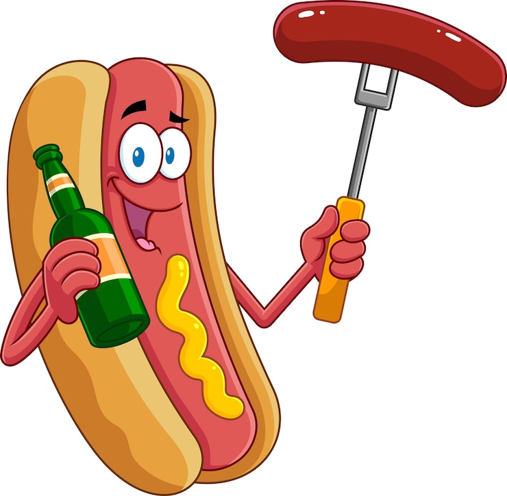 Vector smiling hot dog cartoon character holding beer and sausage on a fork