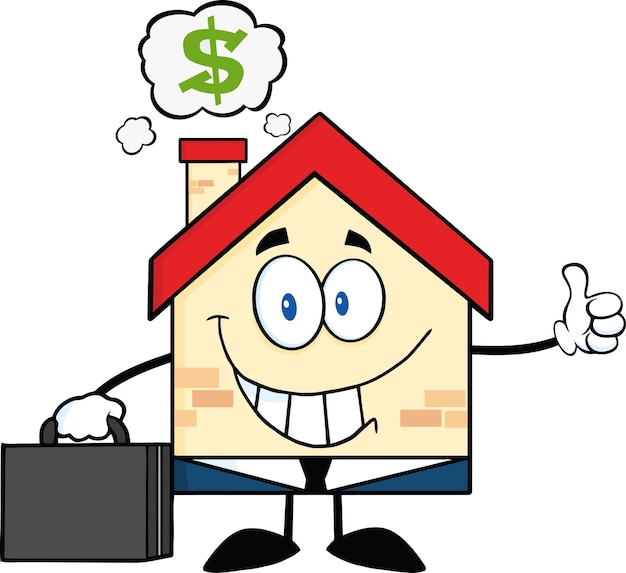 Smiling House Businessman Carrying A BriefcaseGiving A Thumb Up With Smoke Cloud And Dollar Sign