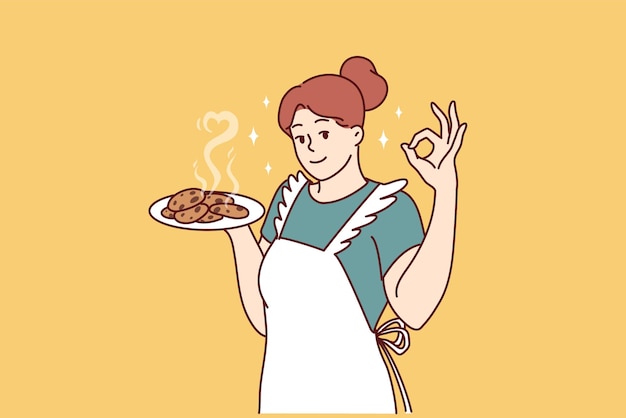 Vettore casalinga sorridente in grembiule da cucina che prepara biscotti fatti in casa per invitare la famiglia a colazione