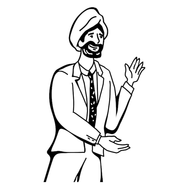 Vector smiling indian businessman waving hand in greeting gesture line or sketch vector isolated