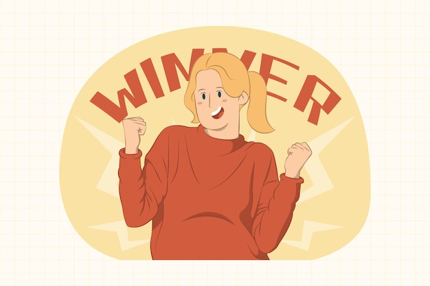 Smiling joyful young woman clenching fists like winner