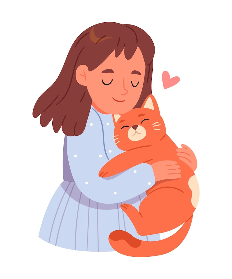 Vector smiling kid holding adorable pet red cat child cartoon character with cat