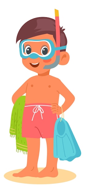 Vettore bambino sorridente in maschera subacquea ragazzo di cartone animato isolato su sfondo bianco