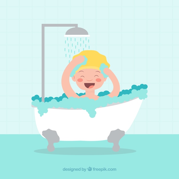 Smiling kid taking a bath