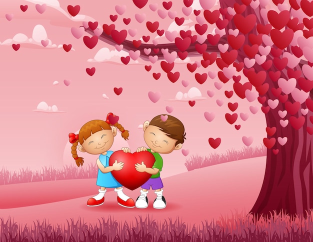 Premium Vector | Smiling kids holding red heart with pink background