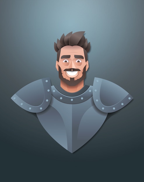 Vettore sorridente cavaliere faccia avatar uomo che indossa armatura d'acciaio ritratto trendy carta origami arte maschio personaggio dei cartoni animati verticale