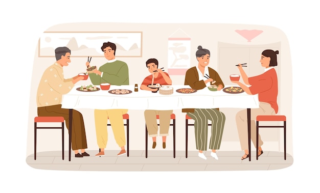 Smiling korean family eating national food sitting at table vector flat illustration. happy people at festive dinner isolated on white. children, parents and grandparents spending time together.