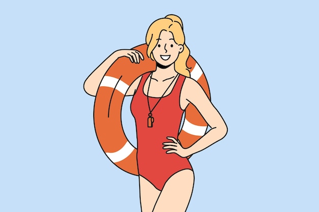 Vector smiling lifeguard with inflatable ring in hands