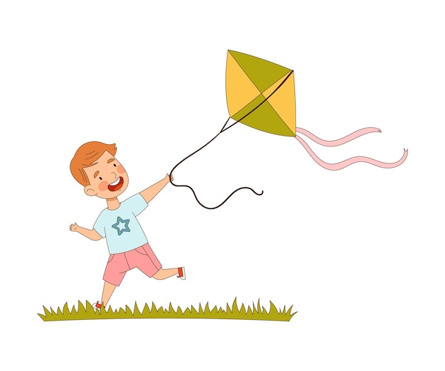 여름에 날아다니는 Kite 터 일러스트레이션을 즐기는 웃는 작은 소년