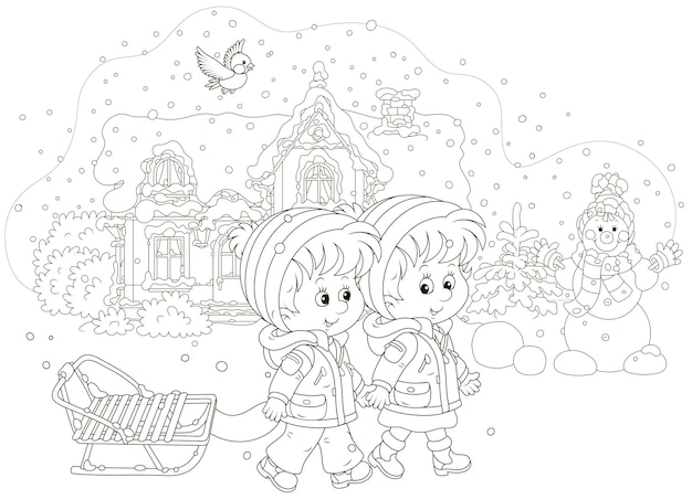 Smiling little girl and a boy walking with a sled near a snowcovered house and a funny snowman