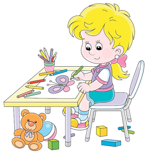 Vector smiling little girl sitting at her table among toys and drawing with color pencils