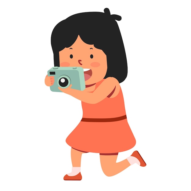 Vector smiling little girl take a photograph cartoon