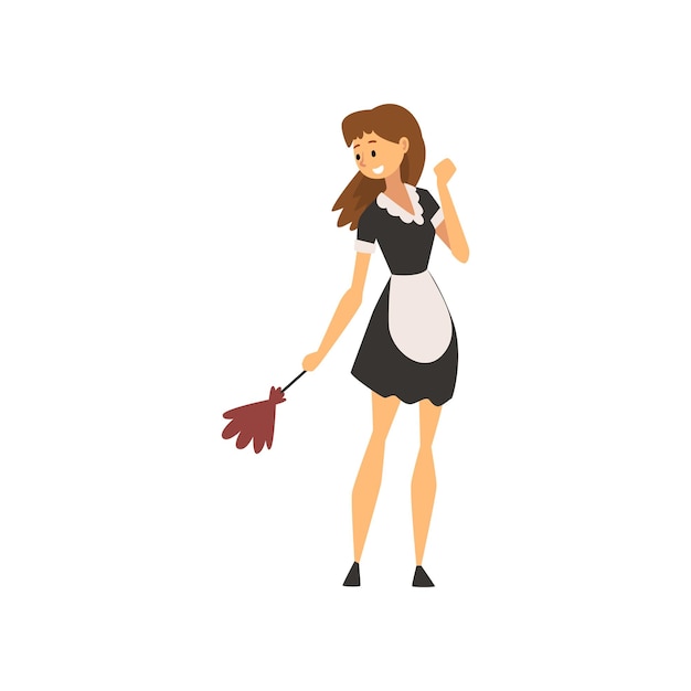Vector smiling maid standing with duster housemaid character wearing classic uniform with black dress and white apron vector illustration on white background