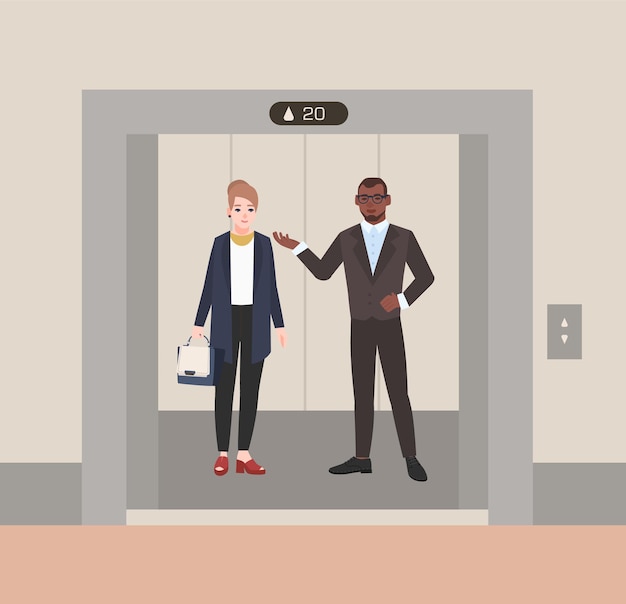 Вектор Улыбающиеся офисные работники мужского и женского пола или клерки, стоящие в лифте с открытыми дверями