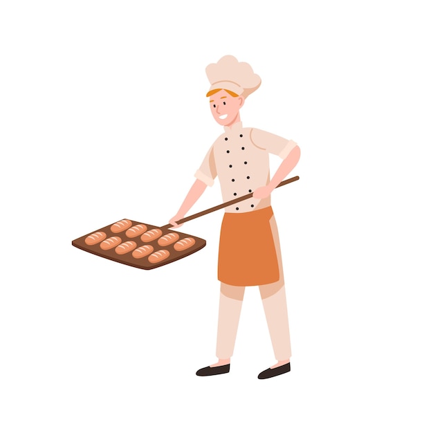 Smiling male baker baking bread flat vector illustration. happy bakery worker putting tasty loaves in oven. bakehouse staff in uniform holding buns on shovel cartoon color character.