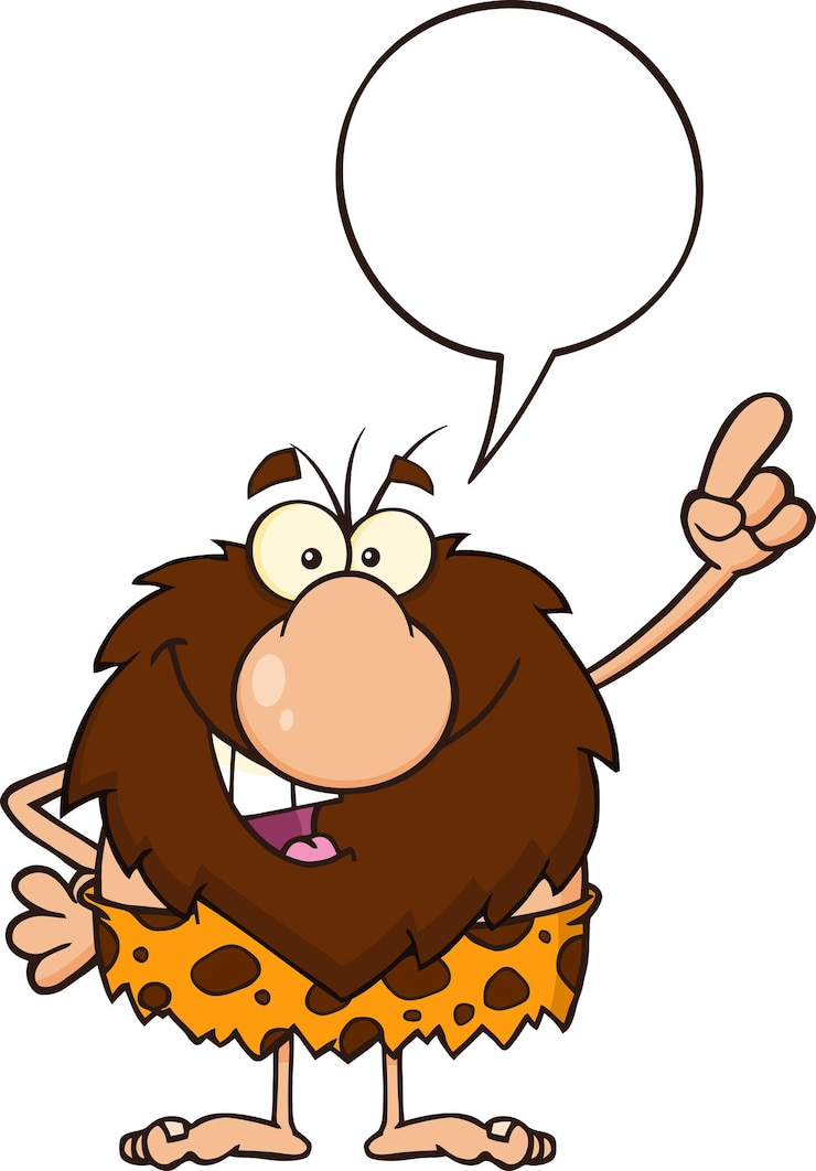 वेक्टर smiling male caveman cartoon mascot character pointing with speech bubble. vector illustration