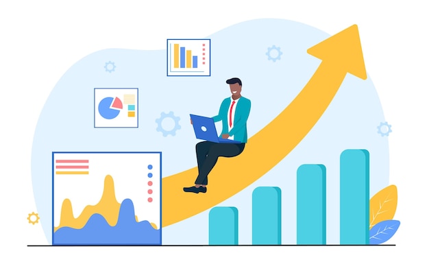 Vector smiling male character is sitting on growing arrow working on laptop concept of business people