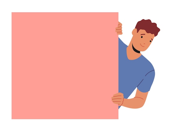 笑顔の男性キャラクターのぞき見とピンクの正方形の後ろからのぞく幸せなフレンドリーな男壁の外を見て好奇心の概念漫画の人々のベクトル図