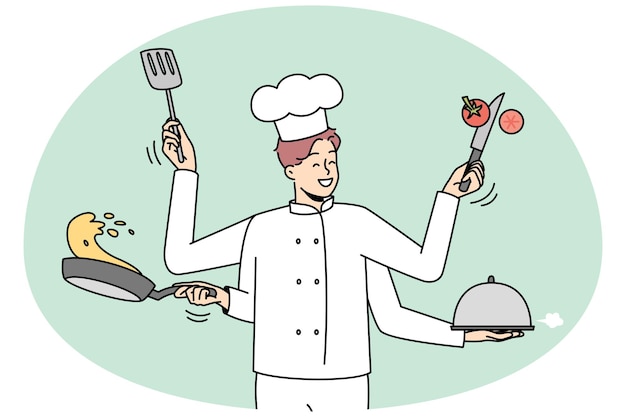 Sorridente chef maschio in uniforme con utensili da cucina multitasking al lavoro felice uomo fiducioso che cucina con stoviglie illustrazione vettoriale
