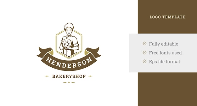 Smiling male confectioner in hat holding fresh homemade bread bakery logo template design vector