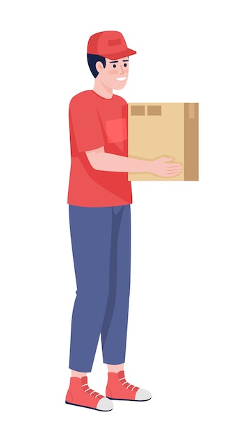 Smiling male courier holding cardboard box semi flat color vector character