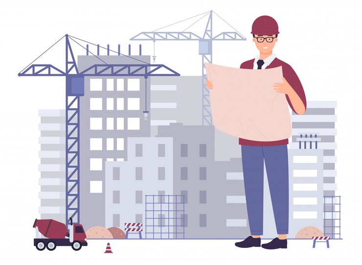 Vector smiling male creative architect civil engineer professional technician builder worker foreman hold project paper plan, check inspect supervise building under construction, cartoon  illustration.